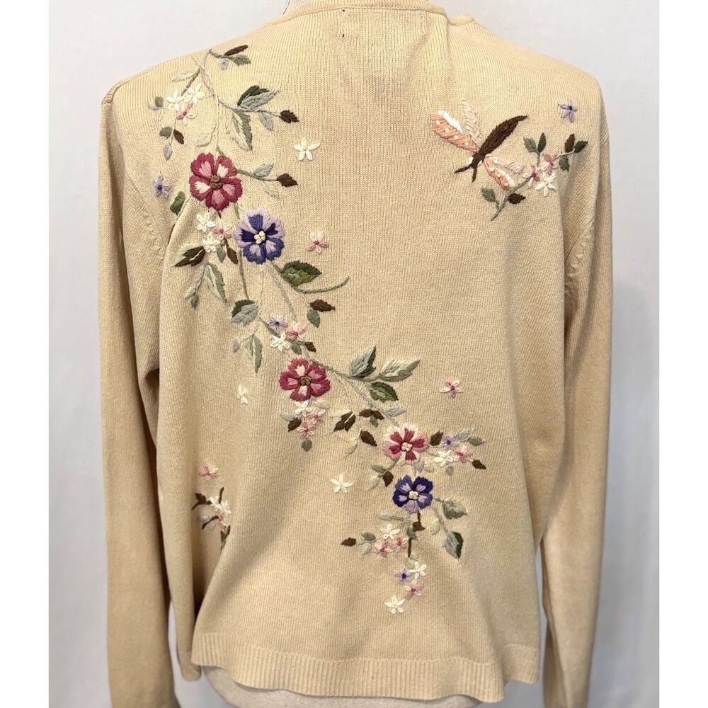 Vintage 90s TIARA International Embroidered Floral Cardigan Silk Blend Cream Med - Picture 2 of 9